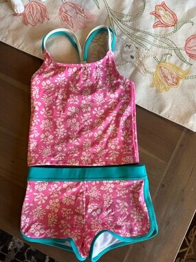 NWT Boden Pink Floral Tankini Set with Teal Trim, size 4-5.